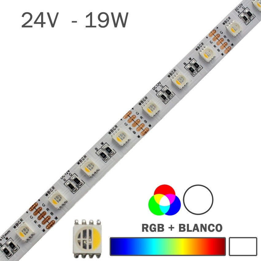 TIRA LED 24V 19W 60 LEDs/m IP20 RGB + LUZ BLANCA 6000K Longtitud Metros  tira LED Longitud de la tira LED 1 Metro Conexión RGBw Cable Longitud  Longitud