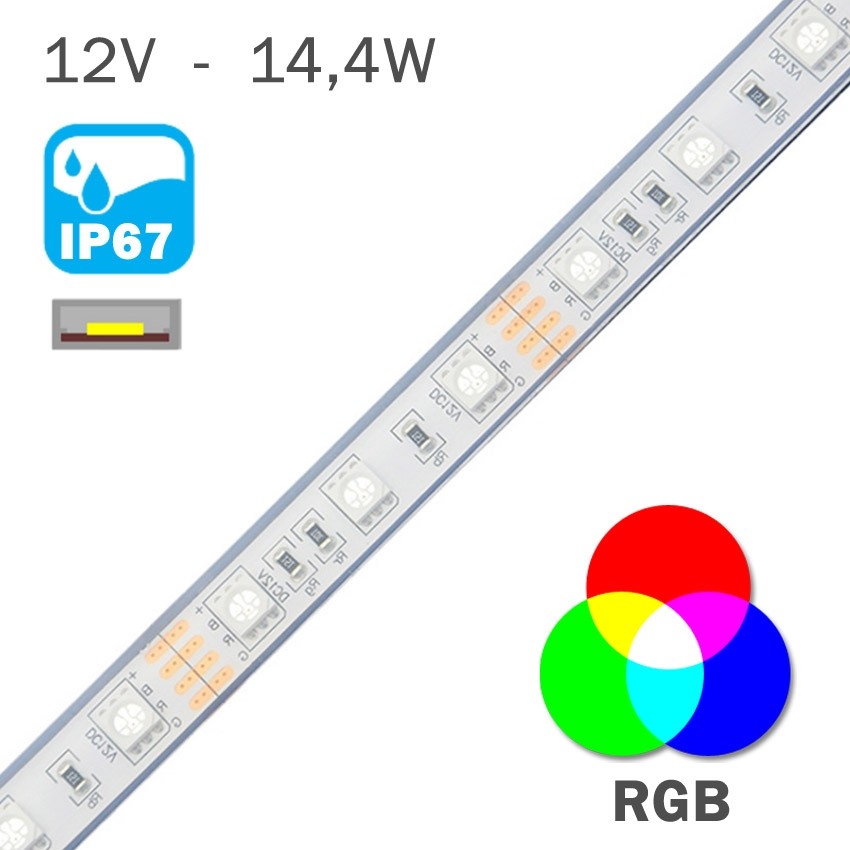 Rollo 5 metros Tira LED 12V 14,4W 60 LEDs/M 5050 IP67 RGB Cambio Color