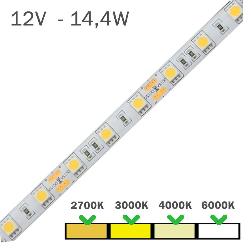 TIRA DE LED 12V 14,4W/m 60 LEDs/m IP20 LUZ CALIDA 2700K Longtitud Metros  tira LED Longitud de la tira LED 1 Metro Conexión cable longitud Longitud