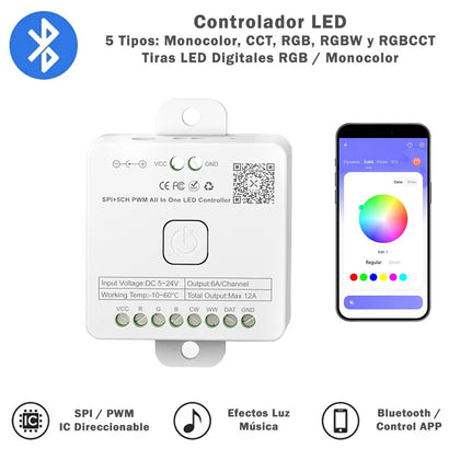 Controlador LED Multifunción Monocolor RGB CCT Pixel Digital APP Bluetooth