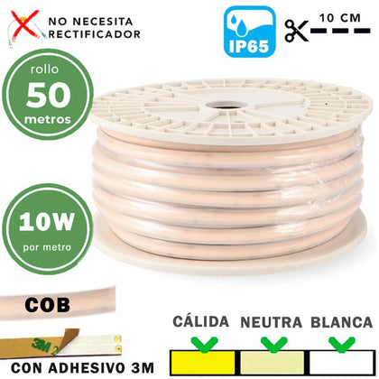 Tira LED 220V CB IP65 10W/m LEDs COB Rollo 50 Metros