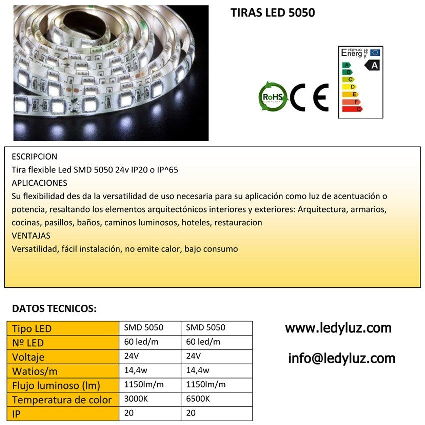 MEGARROLLO Tira de led 24V 20 metros continuos 5050 60 led/m RGB (Cambio de  color) sin protección al agua